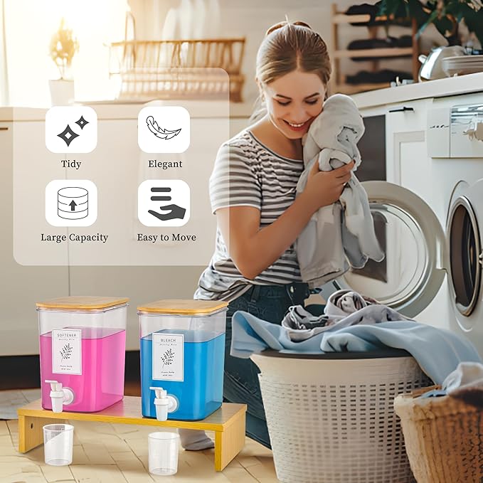 Liquid Laundry Detergent Dispenser Set with Shelf and Bamboo Lids for Laundry Room Organization and Storage - 2 Pack 90 oz Laundry Containers for Laundry Soap, Fabric Softener