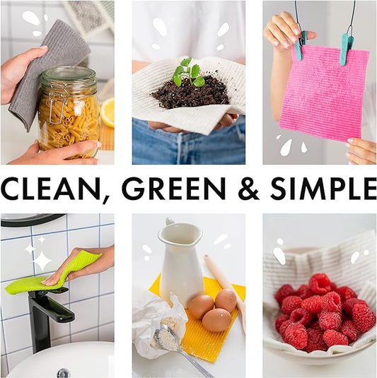 SUPERSCANDI 6 Pack Swedish Dishcloths for Kitchen - 100% Biodegradable & Compostable Reusable Paper Towels Washable, Food-Safe & Without Plastic - Dish Rags for Any Surface, Pink, Green, Blue