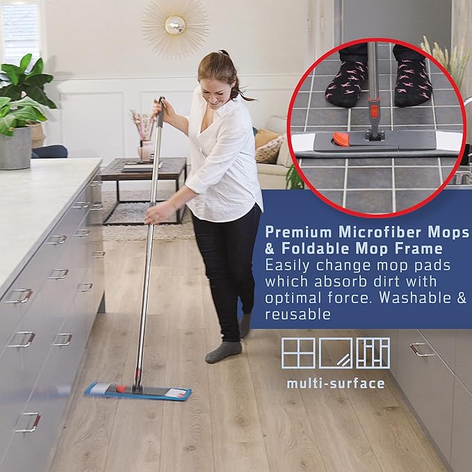 Ultimate Cleaning System Kit - Wet Flat Floor Mop, Rubber Brush, Microfiber Duster, Window Cleaner w/ Squeegee, 2 Microfiber Cloths and 2 Dish Sponges