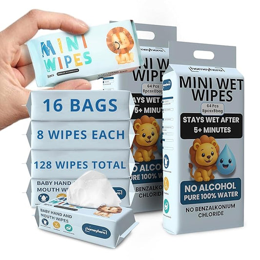 Mini Wet Wipes - Alcohol & Fragrance Free, Safe for Babies & Kids - 16 Bags Total 128 Wipes (Sky Lion)