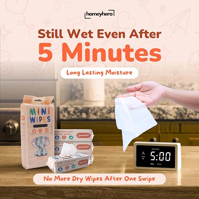 Mini Wet Wipes - Alcohol & Fragrance Free, Safe for Babies & Kids - 8 Bags Total 64 Wipes (Sunset Elephant)