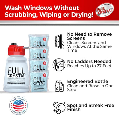 Full Crystal Window Cleaning Kit- 1 LB Glass Cleaner and Bottle with 27ft Reach will clean up to 80 Windows- Scrub Free, Rinse Free Glass Cleaner Spray Removes Dirt, Grime and Water Deposits