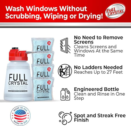 Full Crystal Window Cleaning Kit- 1 LB Glass Cleaner and Bottle with 27ft Reach will clean up to 80 Windows- Scrub Free, Rinse Free Glass Cleaner Spray Removes Dirt, Grime and Water Deposits