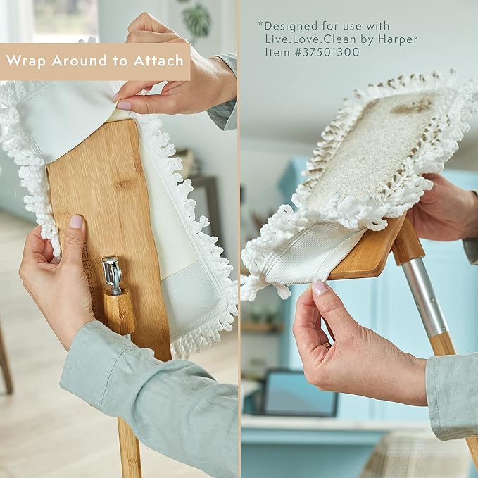 Harper Live.Love.Clean. Washable 2-in-1 Wet/Dry Bamboo Dust Mop Pad with Wraparound Attachment for Cleaning Dust, Pet Hair & Fine Dry Dirt