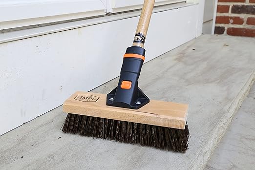 SWOPT 10" Rough Surface Deck Brush, 24" Multi-Surface Push Broom + 60" EVA Foam Comfort Grip Wooden Handle, Broom Kit Combo — 2 Cleaning Heads and Long Handle Interchangeable with SWOPT Cleaning Head