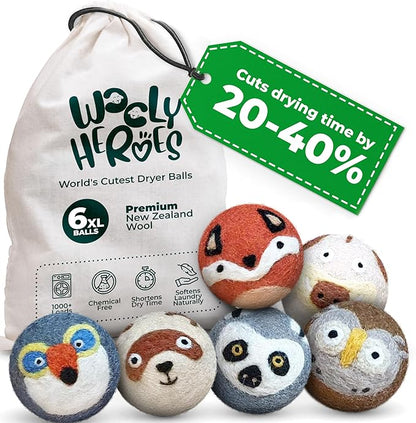 No More Dryer Sheets - Wool Dryer Balls - XL 6-Pack - Eco Dryer Balls - Dryer Balls Laundry Reusable - Softens Laundry Naturally - Reduces Drying Time & Static - with Storage Bag