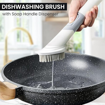 Set of 3 Kitchen Cleaning Brushes - Dish Cleaner with Soap Dispenser and 4 Replacement Heads, Bottle Cleaner & Cutlery Scrubber - Cleaning Set for All Kitchen Utensils