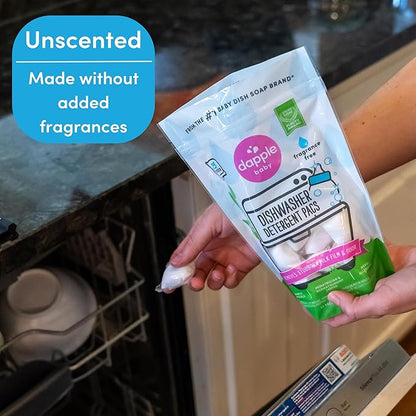 Dapple Baby Dishwasher Pacs, Hypoallergenic Dishwasher Pods Powered by Plants, Removes Milk Residue & Odor on Dishes, Baby Bottles & Kitchenware, Fragrance Free, 50 count