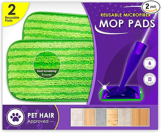 Reusable Floor Mop Pads - Swiffer Wet Jet Compatible Refills 2 Pack - Machine Washable, 12-inch Microfiber Mop Swiffer Wet Pads - Eco-Friendly Household Cleaning Supplies