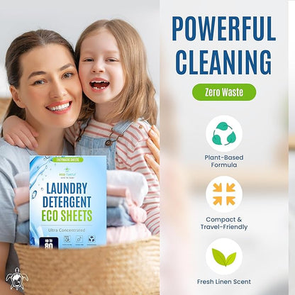 Eco-Friendly 80 Loads Ultra Concentrated Laundry Detergent Sheets - Stain-Fighting Enzymes & Plant Powered Sheets, Liquidless Soap Travel-Friendly for Hot/Cold Cycles, Tackles Tough Stains & Odors