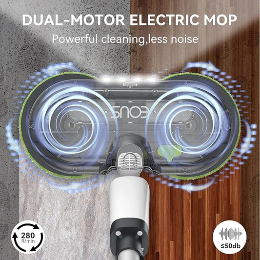 EOUS Cordless Electric Mop, Electric Mops for Floor Cleaning, Powerful Spin Mop with LED Headlight, Water Spray, Up to 60 mins Floor Scrubber with 300ml Water Tank, Detachable Battery, Multi-Surface