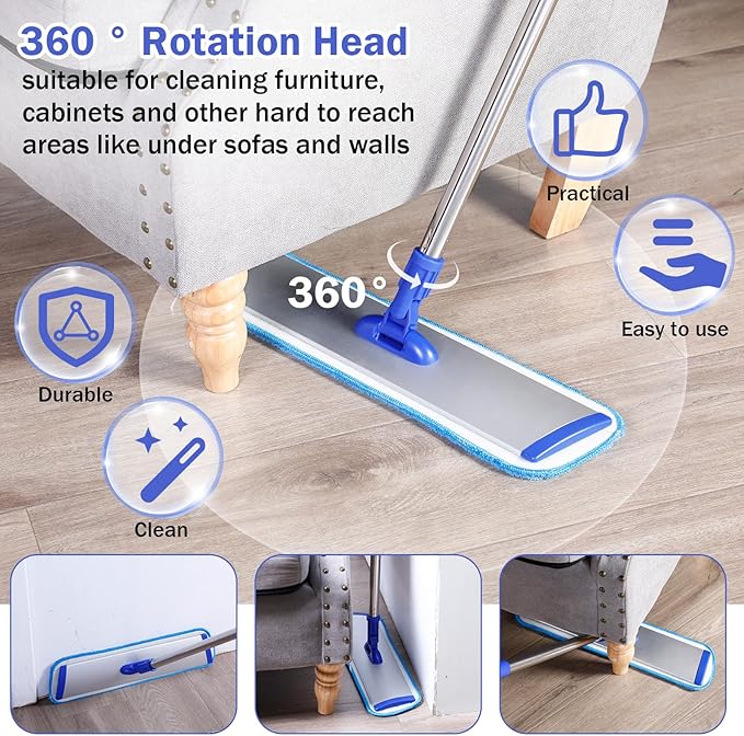 Uiifan 2 Set 18" Microfiber Mop Floor Cleaning Mop Flat Mop with Extendable Handle and Reusable Washable Mop Pads for Hardwood Floors Laminate Commercial Mop Bulk Wet and Dust Mop