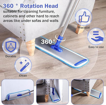 Uiifan 2 Set 18" Microfiber Mop Floor Cleaning Mop Flat Mop with Extendable Handle and Reusable Washable Mop Pads for Hardwood Floors Laminate Commercial Mop Bulk Wet and Dust Mop