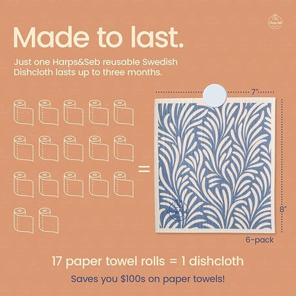 Harps&Seb Swedish Dishcloths for Kitchen Dish Towels - 6 Pack, Reusable Paper Towels with Clips, Super Absorbent Washable Non-Scratch Swedish Dish Towels, No Odor, Biodegradable