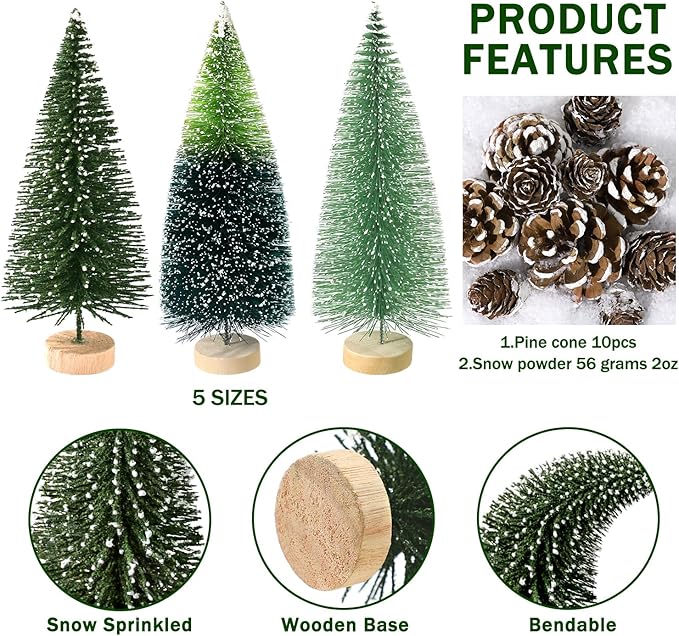 Set of 35PCS Mini Christmas Tree, Christmas Pine Cones, 2oz Fake Snow Powder, Mixed Christmas Decoration, Xmas Village Displays Winter DIY Crafts (Two-Tone Green)
