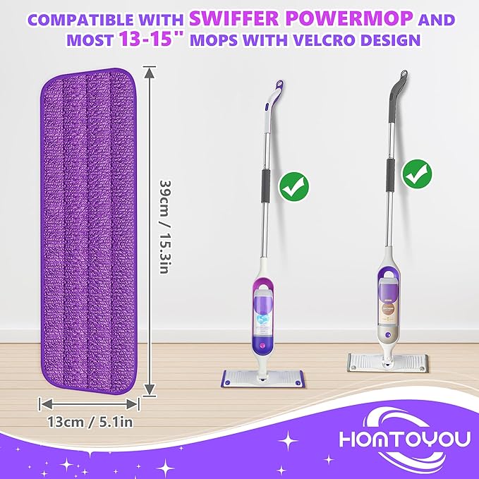 HOMTOYOU Reusable Mop Pads for Swiffer PowerMop: 6 Pack Microfiber Pad Refills for Multi-Surface Floor Cleaning - Machine Washable Replacement Sweeping Cloths for 13 ''-15 '' Spray Mop
