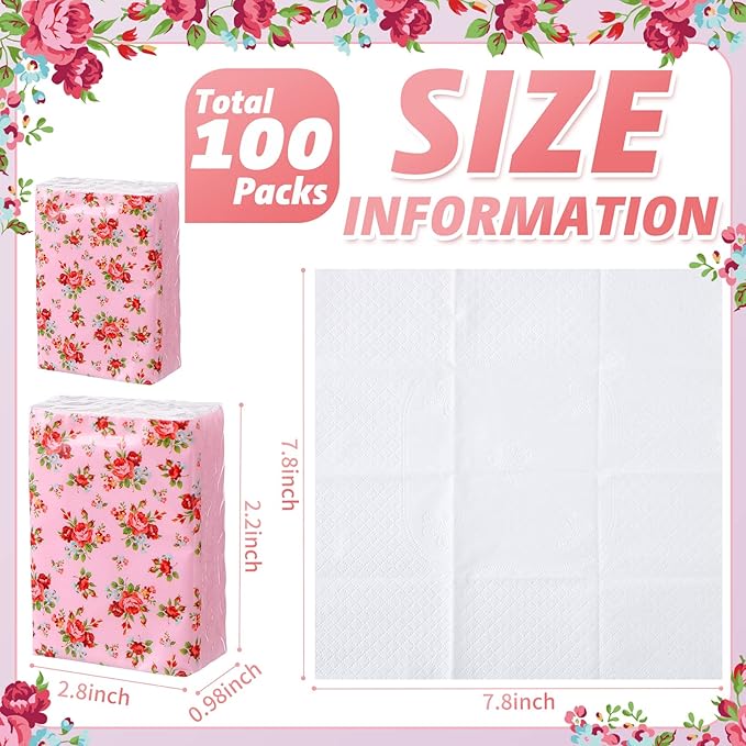 100 Packs Tissue Packs Floral Travel Tissues Packs Pocket Facial Tissues Soft Mini Small Tissues Travel Size Bulk 3 Ply Tissue Packs for Wedding Holiday Spring Picnic Party, 7 Sheets Each Pack
