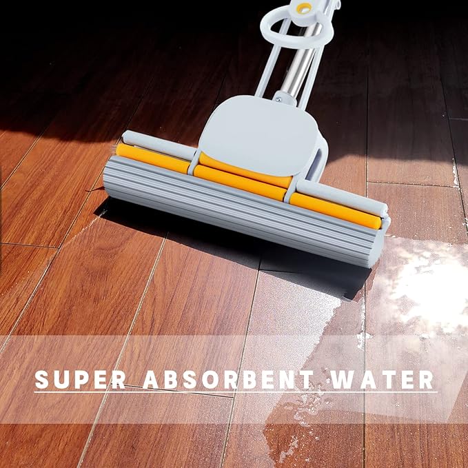 PVA Sponge Mops 60" Long Handle 15" Head with 2 Pads Sponge Mops for Floor Cleaning Squeeze with Wringer