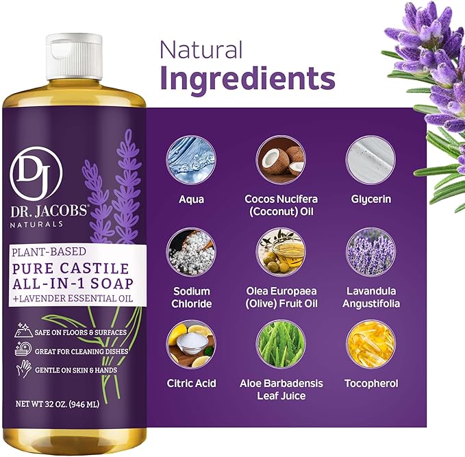 Dr. Jacobs Naturals Lavender Castile All-In-One Cleaner and Soap, Effective Plant-Based Formula for House Cleaning. Eco-friendly for Home Essentials and the Planet (32 Fl Oz, 1 Pack)