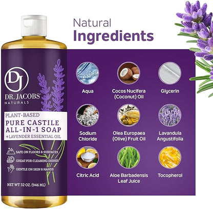 Dr. Jacobs Naturals Lavender Castile All-In-One Cleaner and Soap, Effective Plant-Based Formula for House Cleaning. Eco-friendly for Home Essentials and the Planet (32 Fl Oz, 1 Pack)
