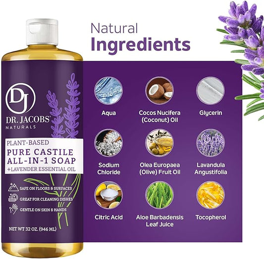 Dr. Jacobs Naturals Lavender Castile All-In-One Cleaner and Soap, Effective Plant-Based Formula for House Cleaning. Eco-friendly for Home Essentials and the Planet (32 Fl Oz, 2 Pack)