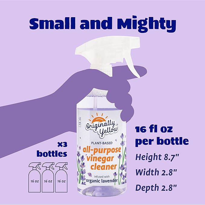 Originally Yellow All-Purpose Distilled Vinegar Spray Living Room, Bathroom, & Kitchen Cleaner Spray | Infused with Organic Lavender | Plant-Based All Purpose Cleaner, 16 Fl Oz (3-Pack)
