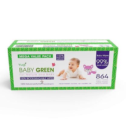 Yugi Green Baby Wipes with Essential Oils for Sensitive Skin & Nose Wipe. Plant-Based, and Organic, Plastic FREE, 864 Count (12 Packs of 72)