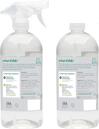 Better Life All Purpose Cleaner - Multipurpose Home and Kitchen Cleaning Spray for Glass, Countertops, Appliances, Upholstery & More - Multi-surface Spray Cleaner - 32oz (Pack of 2) Unscented