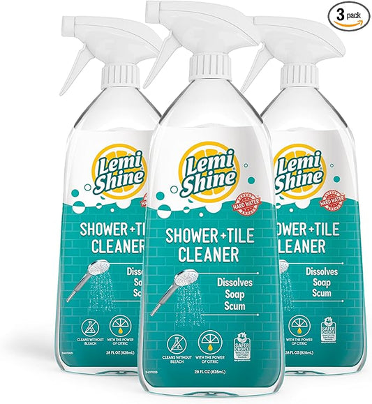 Lemi Shine Shower + Tile Cleaner | Removes Soap Scum & Hard Water Stains | Bathroom Cleaner Spray for Tub, Shower, Sink, and Tile Cleaning | Powered By Citric Acid | Fresh Lemon Scent, 28 oz. (3 Pack)