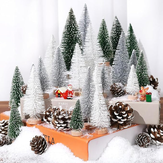 Set of 35PCS Mini Christmas Tree, Christmas Pine Cones, 2oz Fake Snow Powder, Mixed Christmas Decoration, Xmas Village Displays Winter DIY Crafts (Green-Silver-White)