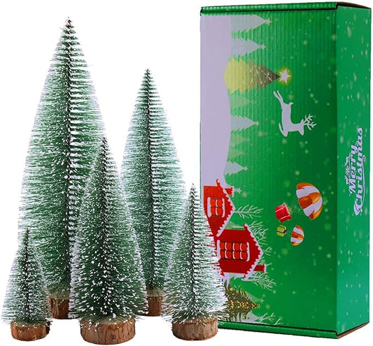 Bottle Brush Christmas Trees 5Sizes Mini Christmas Trees Small Christmas Trees Mini Pine Trees Desktop Miniature Christmas Trees with Snow and Wooden Base for Crafting Decorations (Plant Green)