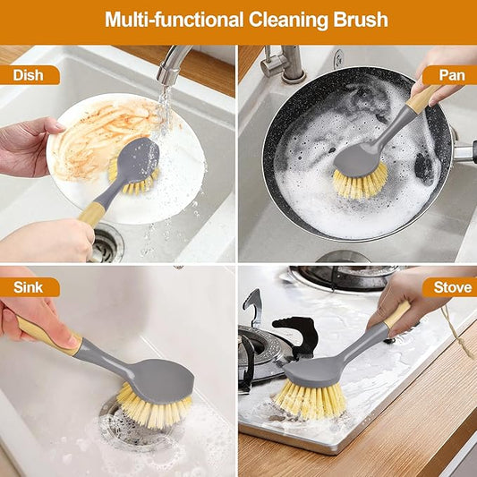 Kitchen Scrub Brushes with Bamboo Handle Built-in Scraper, Dish Brush for Cleaning Pans, Pots, Sink and Counter, 2 Pack