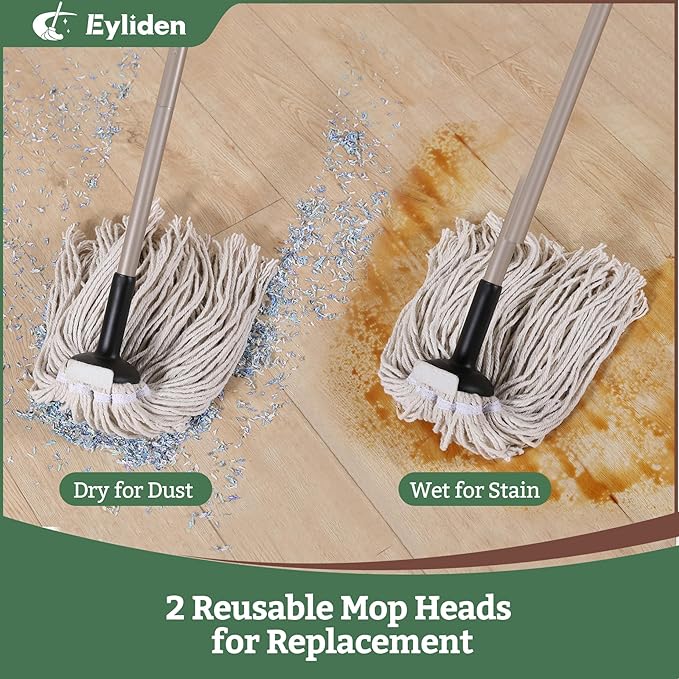 Eyliden String Mop with 2 Reusable Mop Heads, Non-Touch Replacement, Adjustable Cotton Mops for Floor Cleaning, No-Scratch Absorbent Classic Mop for Tile Concrete Wood Floor Kitchen Bathroom