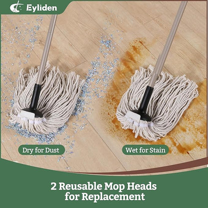 Eyliden String Mop with 2 Reusable Mop Heads, Non-Touch Replacement, Adjustable Cotton Mops for Floor Cleaning, No-Scratch Absorbent Classic Mop for Tile Concrete Wood Floor Kitchen Bathroom