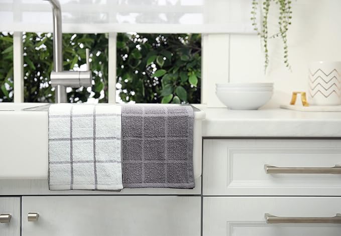 100% Cotton Dish Cloth for Dish Washing, Terry Dish Cloth, Cotton Dish Rags, 8 Pack, Super Soft and Absorbent,12"x12" inches, Reusable Cleaning Cloth,Grey (Solid and Checks)