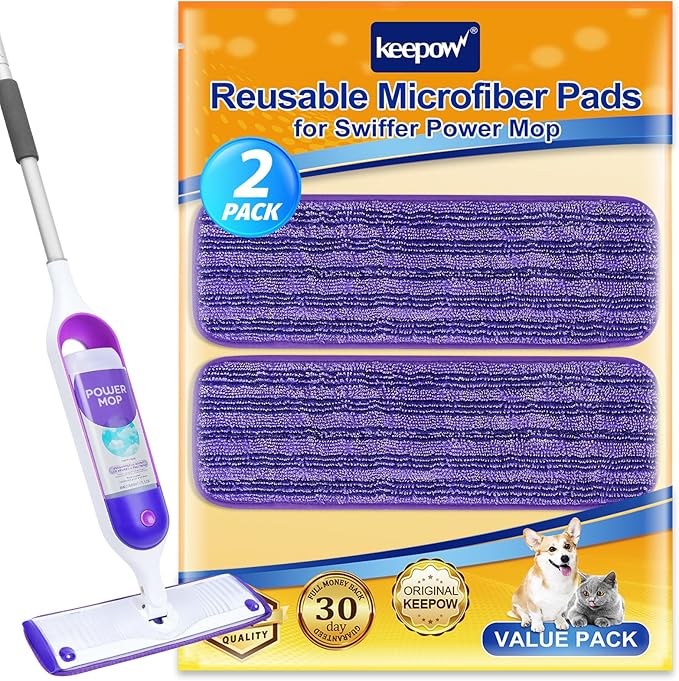KEEPOW Reusable Power Mop Refill Pads for Swiffer Power Mop, Powermop Mopping Pad Refills for Wood Floor Cleaning, Machine Washable Microfiber Mop Pads for Wet and Dry Use, 2 Pack