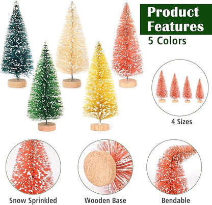 Christmas Decorations Mini Christmas Tree 35pcs,Mini Miniature Christmas Pine Tree Bottle Brush Trees Wooden Bases Tree for Your Village Desktop Xmas Holiday Party (Pink,Yellow,Blue,Green,Beige)