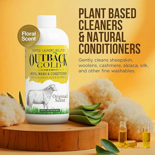 Outback Gold Wool Wash, 16 oz, Original Floral Scent, Natural Plant Based Liquid Laundry Detergent, Perfect Laundry Soap for Wool, Cashmere, Silk, Sheepskin, Baby Items, Mild, Neutral pH, Made in USA