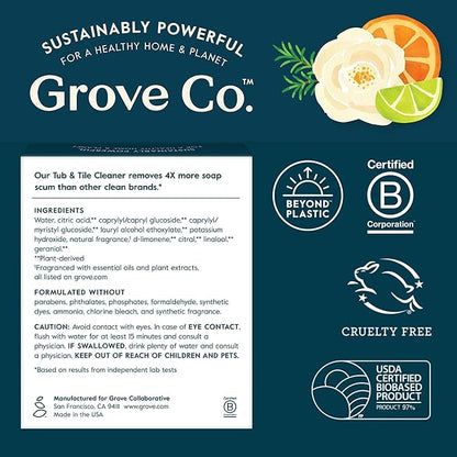 Grove Co. Tub and Tile Cleaner Refill Concentrate (2 x 1 Fl Oz) + 1 x Reusable Glass Spray Bottle (16 Oz) Plant-Based Cleaning Supplies Bundle, No Plastic Waste, 100% Natural Orange & Rosemary Scent