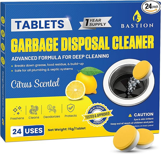 Bastion Garbage Disposal Cleaner Deodorizer Tablets - 24 Pack (1 Year Supply) Powerful Foaming XL 15g Fresh Citrus-Scented Foam Freshener Tabs Clean, & Eliminate Garburator Disposer Sink Odors