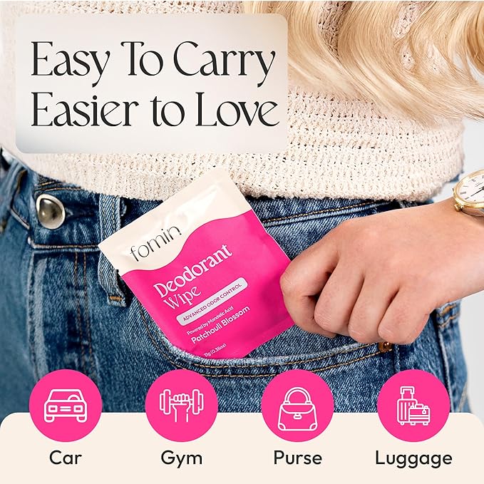 FOMIN Acidified Travel Deodorant Wipes For Women & Men - 50 Count - Patchouli Blossom - pH Balanced, Mini Deodorant Travel Size Wipes - Plastic-Free, Individually Wrapped Underarm Body Wipes