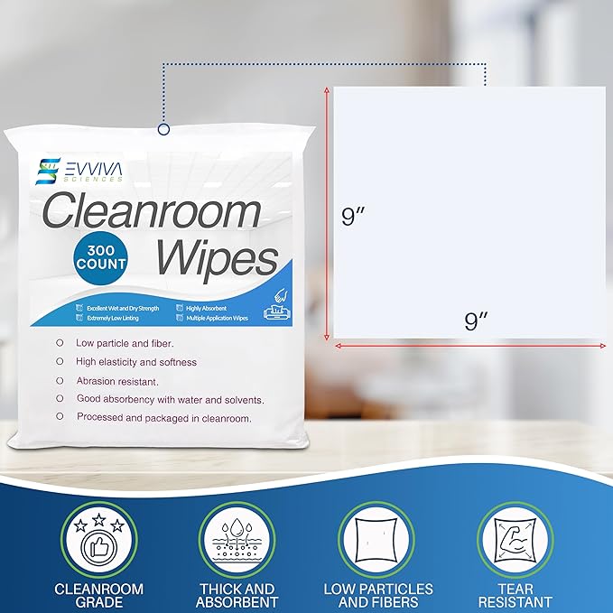 Cleanroom Wipes 9"x9" - 300 Low-Lint Wipes for Labs, Electronics & More - Durable & Absorbent-Works with Cleaning Agents & Solvents - Ideal for Precision Cleaning & Industrial Use.