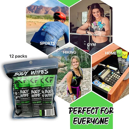 Body 12-Count Wipes - Original Disposable Wipes, Individually Wrapped for the Gym, Workout, Hiking, Travel, and Sport (Tea-Tree)