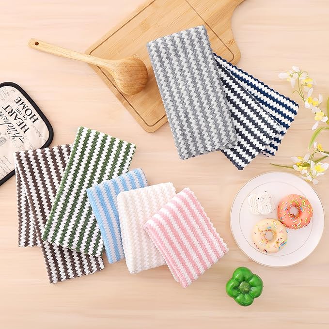 Homaxy Kitchen Towels(12 Pack, 10 x 20 inches), Ultra Soft and Absorbent Dish Towels, Reusable Fast Drying Microfiber Cleaning Cloth, Coral Velvet Wave Design No-lint, Grey