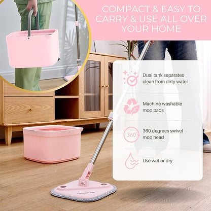 True & Tidy® True Clean Mop and Bucket System, Includes Square Spin, Dual Compartment Mop Bucket and 2 Thick Machine Washable Pads New Upgraded with Side Brush & Self Standing Handle, Rose