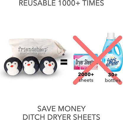 Wool Dryer Balls by Friendsheep 3 Pack XL Organic Premium Reusable Cruelty Free Handmade Fair Trade No Lint Fabric Softener Penguin Trio