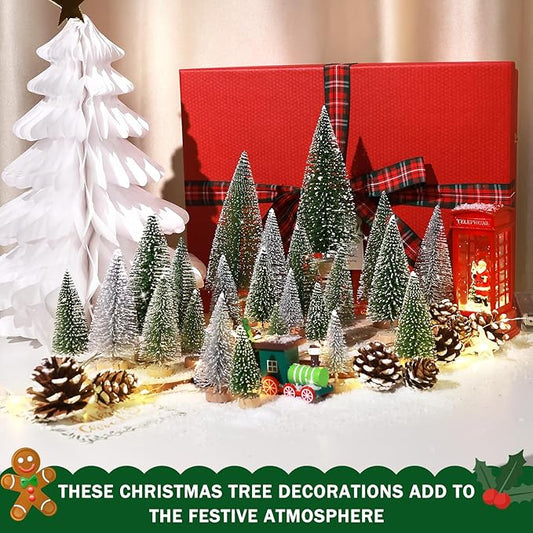 Set of 35PCS Mini Christmas Tree, Christmas Pine Cones, 2oz Fake Snow Powder, Mixed Christmas Decoration, Xmas Village Displays Winter DIY Crafts (Classic Green)