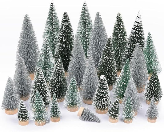 DearHouse 30PCS Artificial Mini Christmas Trees, Mini Pine Tree Sisal Trees with Wood Base Bottle Brush Trees for Christmas Table Top Decor Winter Crafts Ornaments (Silver, 30)