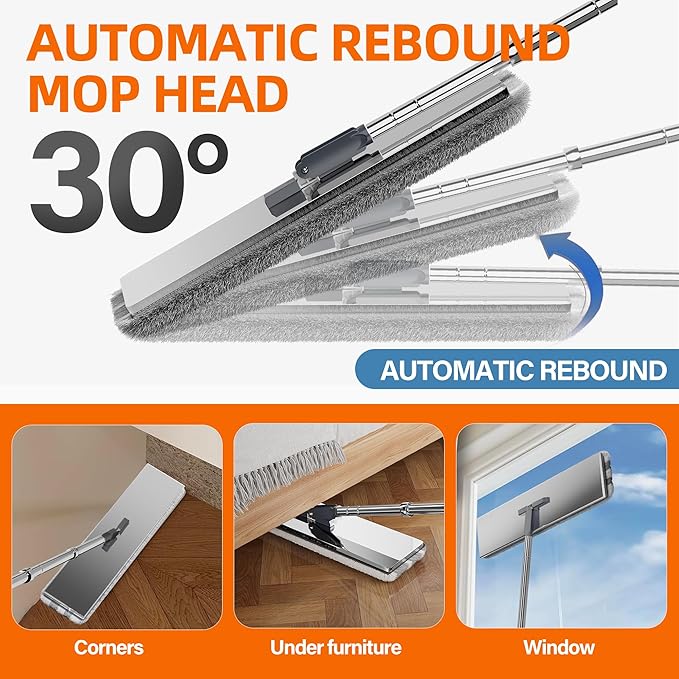 Black Flat Mop and Bucket for Home with 4 Extra Refills, Stainless Steel Mop and Bucket with Wringer, Hands-Free Mop, Wet and Dry Use Mop with Long Handle
