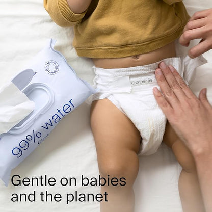 Coterie Baby Wipes for Sensitive Skin, Plant-Based & Plastic-Free Fibers, 99% Water, Hypoallergenic, pH Balanced, Unscented, Clean and Gentle Baby Essentials, 4 Standard Packs and 8 Travel Size Packs